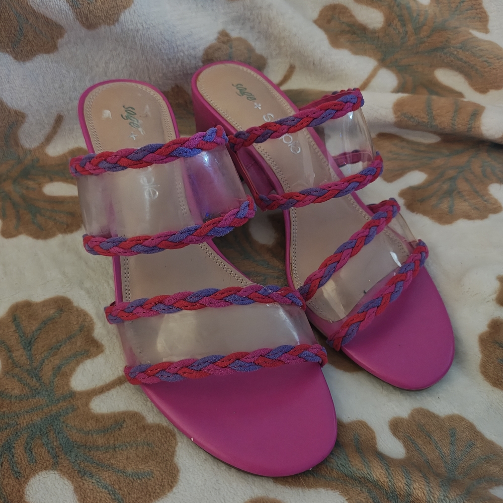 Braided-Trim Clear Strap Pink Slide Mules